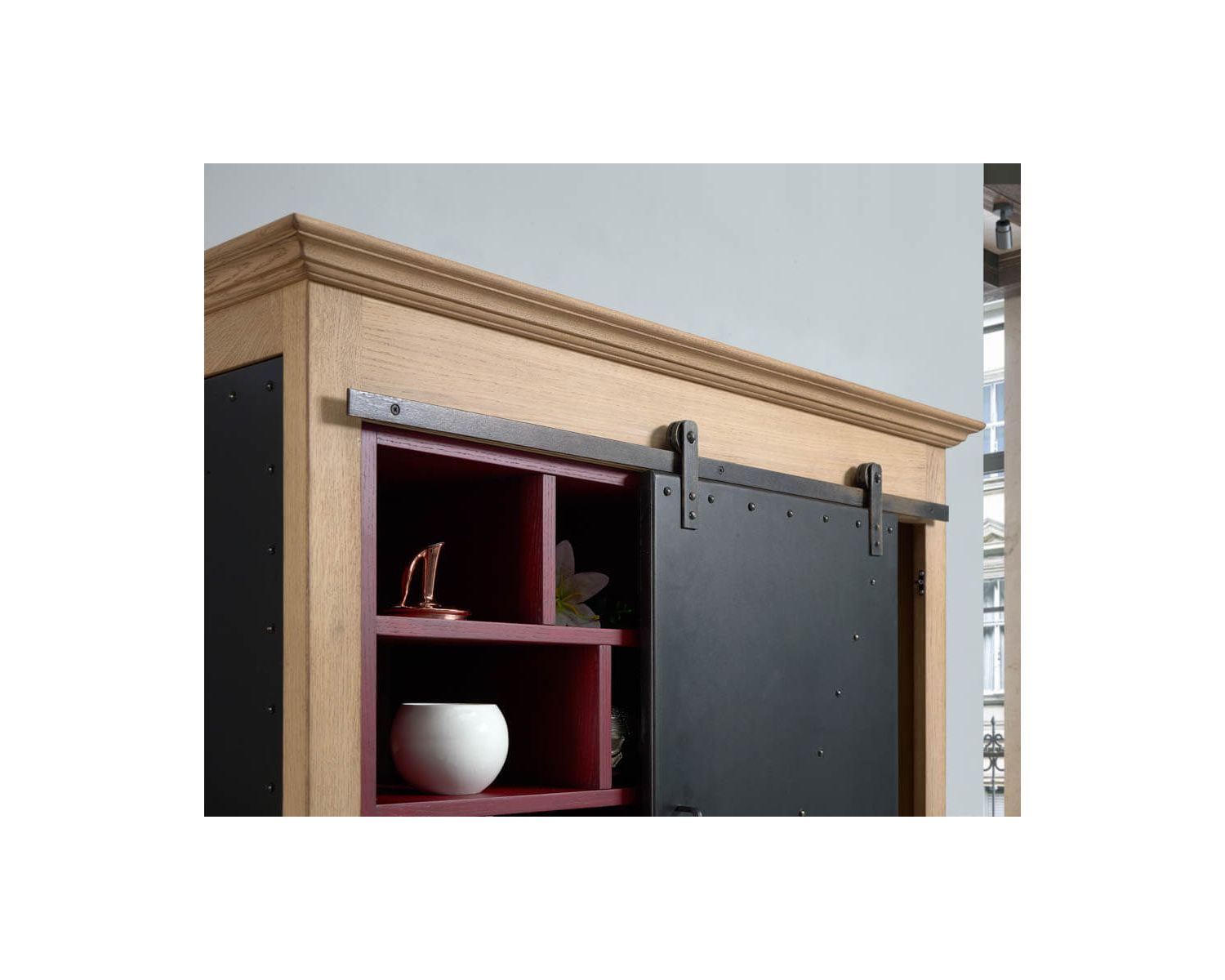 Bibliothèque "San Francisco" style factory métal, bois crème et rouge