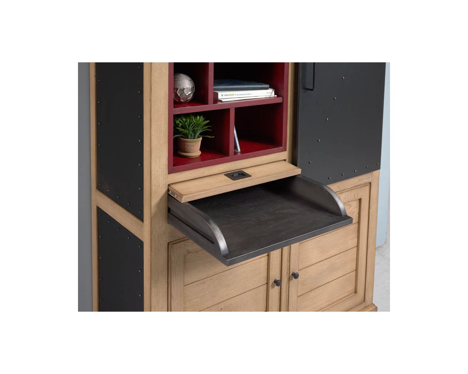 Bibliothèque "San Francisco" style factory métal, bois crème et rouge