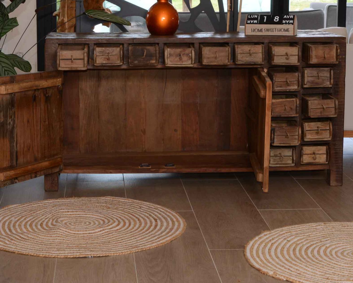 Buffet bas ethnique en bois exotique brut recyclé 150cm "Népalaise"