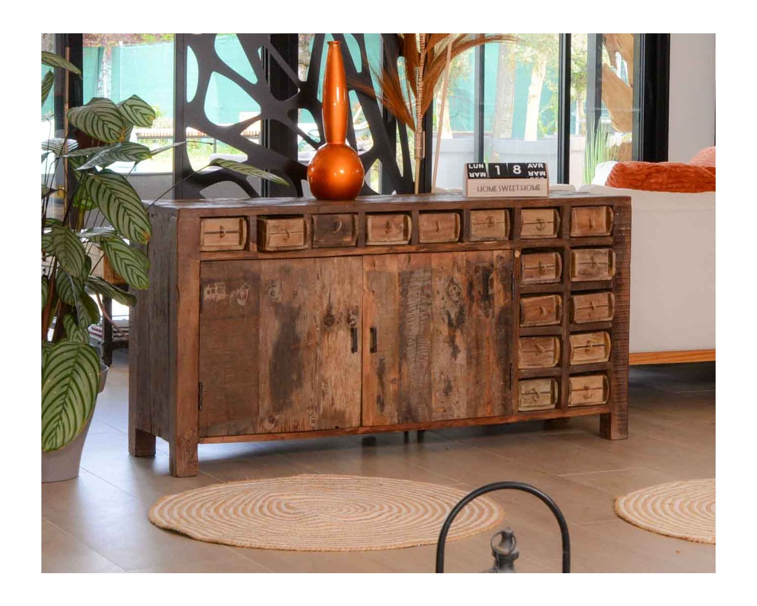 Buffet bas ethnique en bois exotique brut recyclé 150cm "Népalaise"