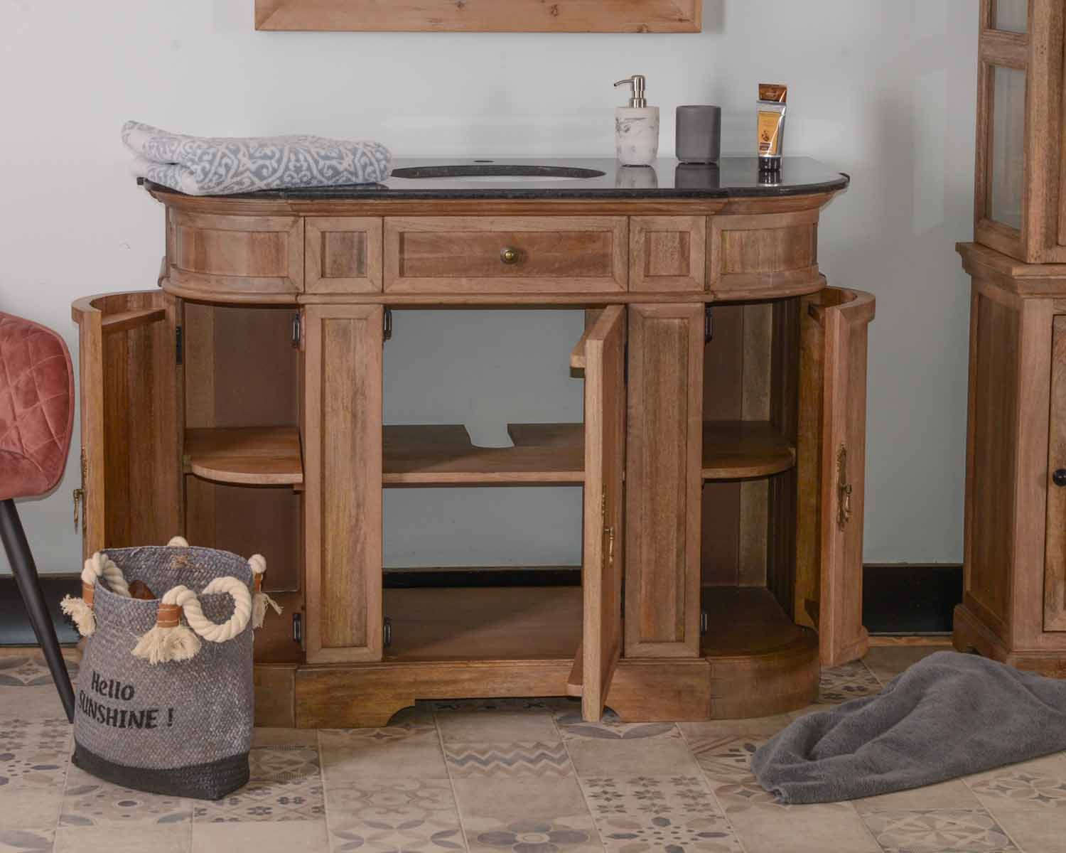 Meuble salle de bain pierre 1 vasque bois massif arrondi "Églantine"