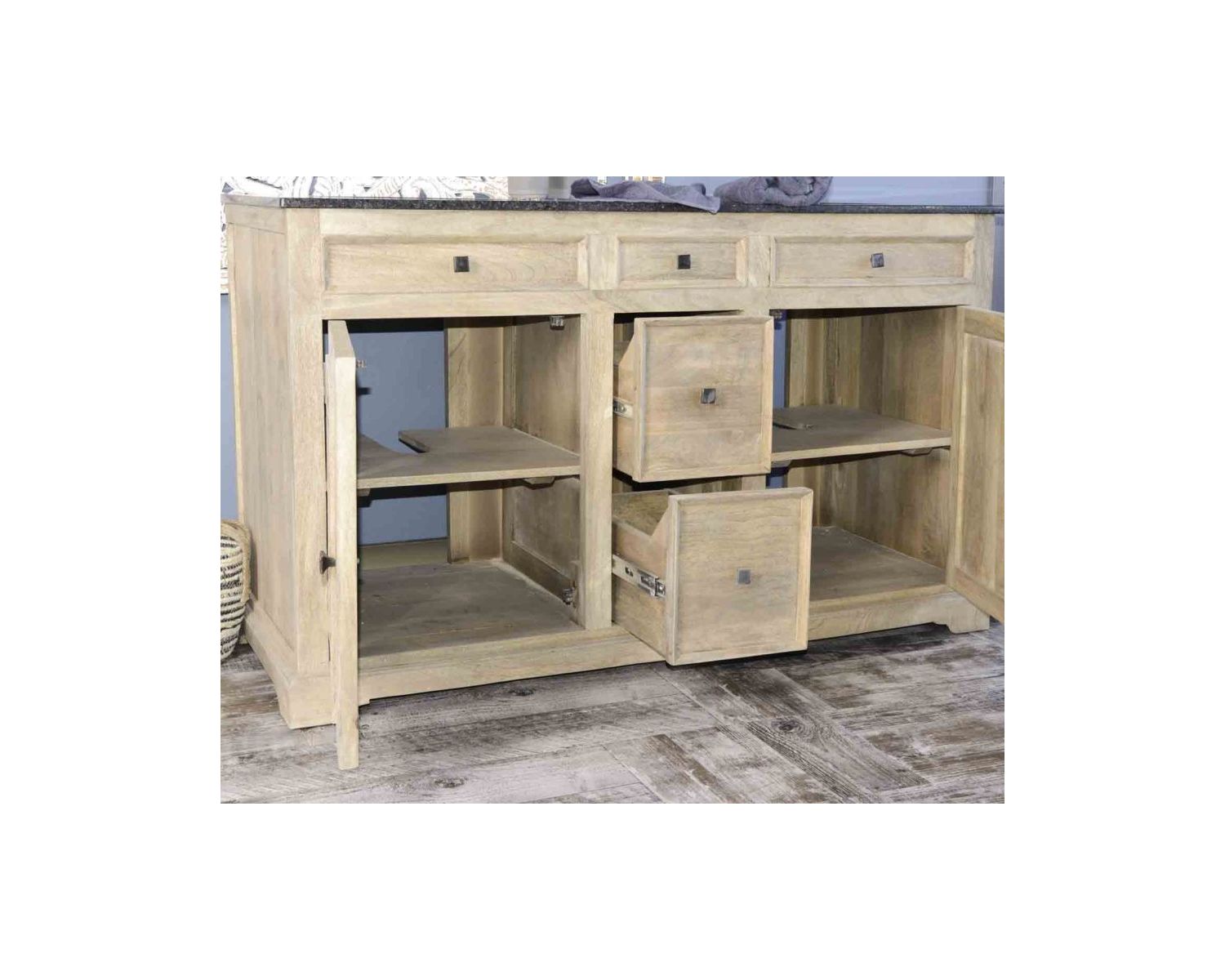 Meuble de salle de bain 2 vasques manguier et quartz blanc "Elégance"