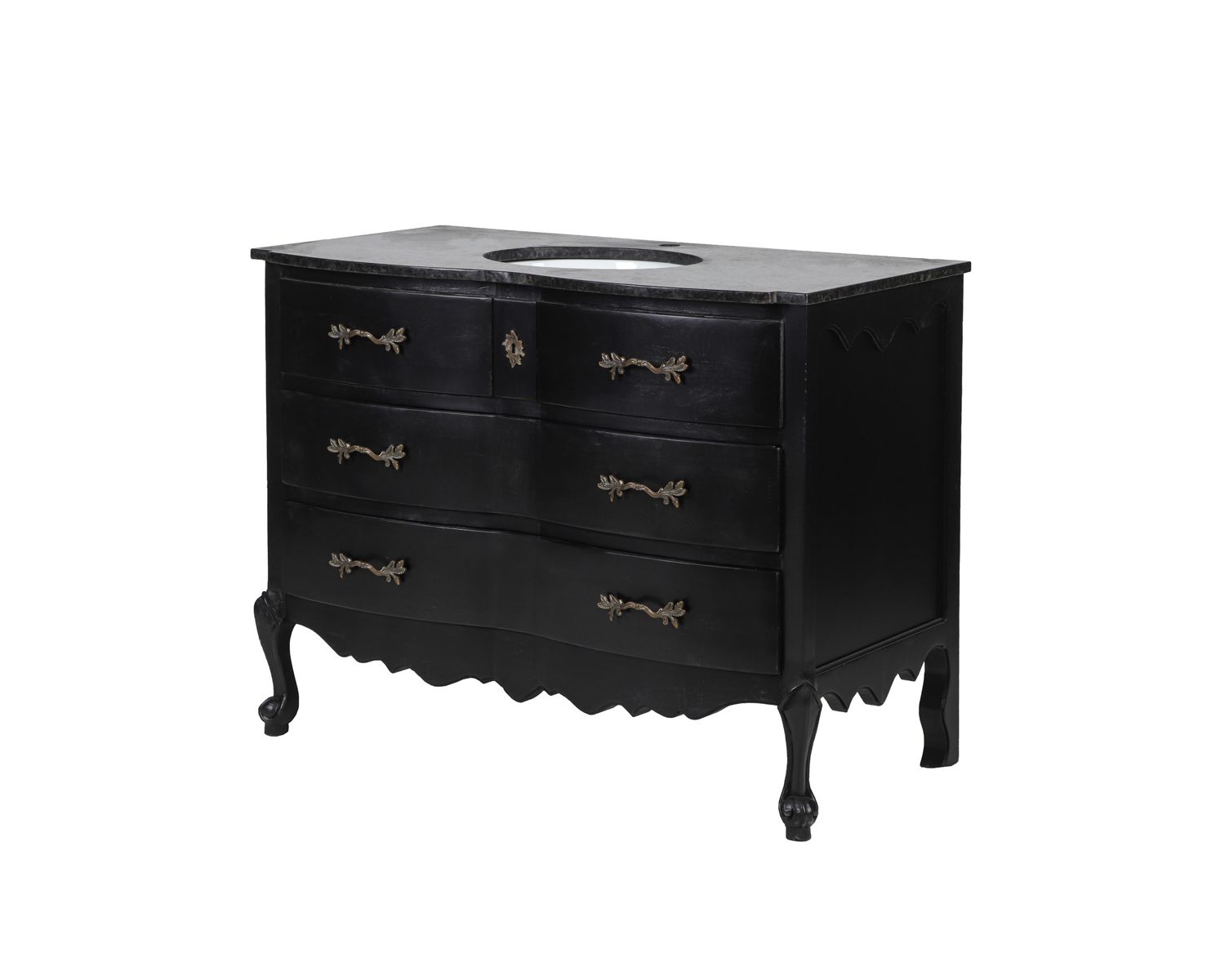 Meuble salle de bain en manguier noir et pierre tiroirs rétro style commode 