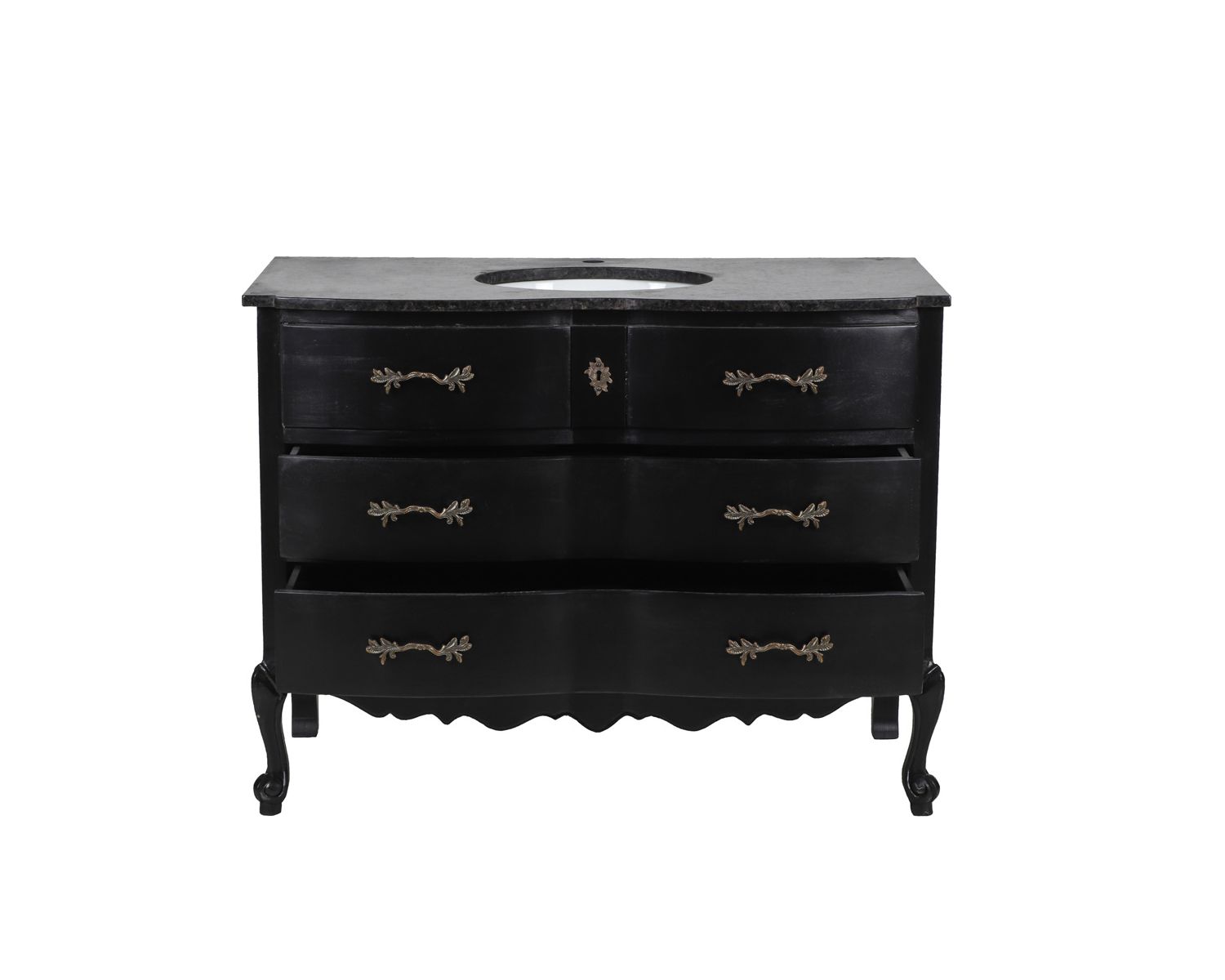 Meuble salle de bain en manguier noir et pierre tiroirs rétro style commode 