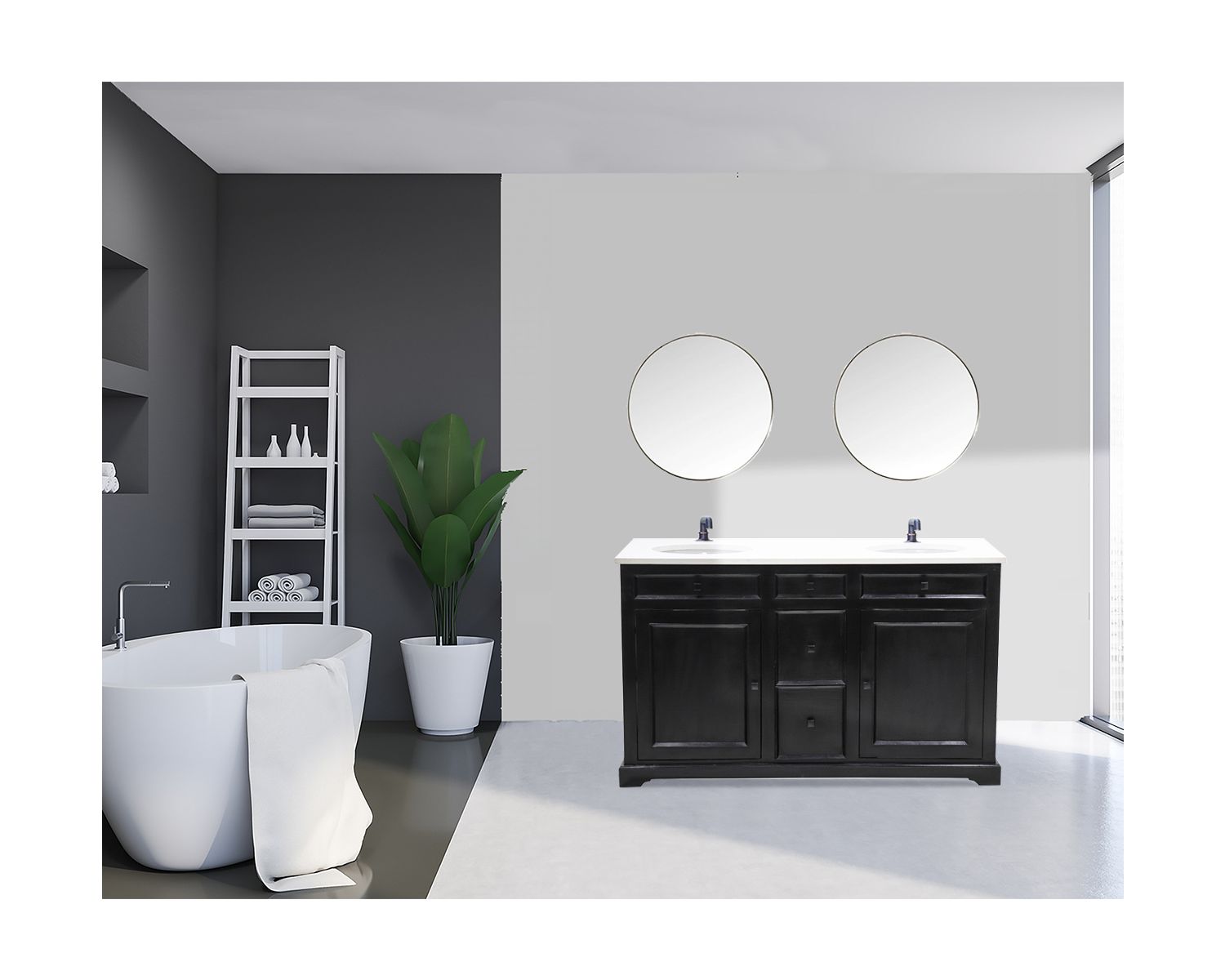 Meuble de salle de bain noir dessus quartz blanc "Elégance"