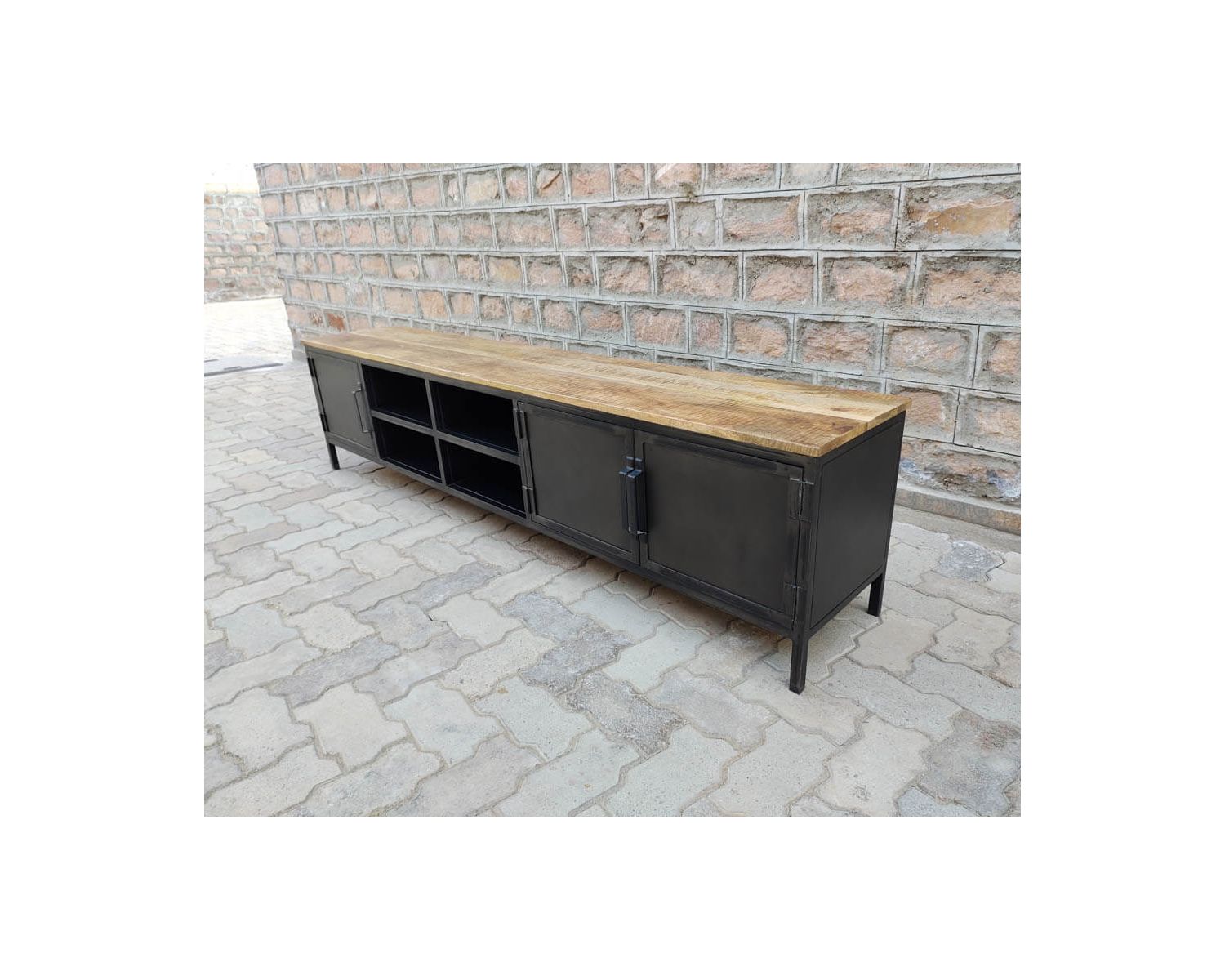 Meuble TV noir en métal et bois "Dowtoun" style atelier 220 cm