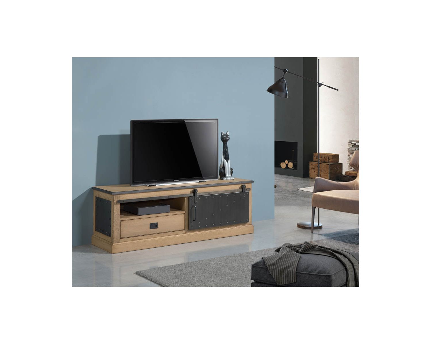 Meuble TV bas style indus’ chic "San Francisco" métal chêne massif