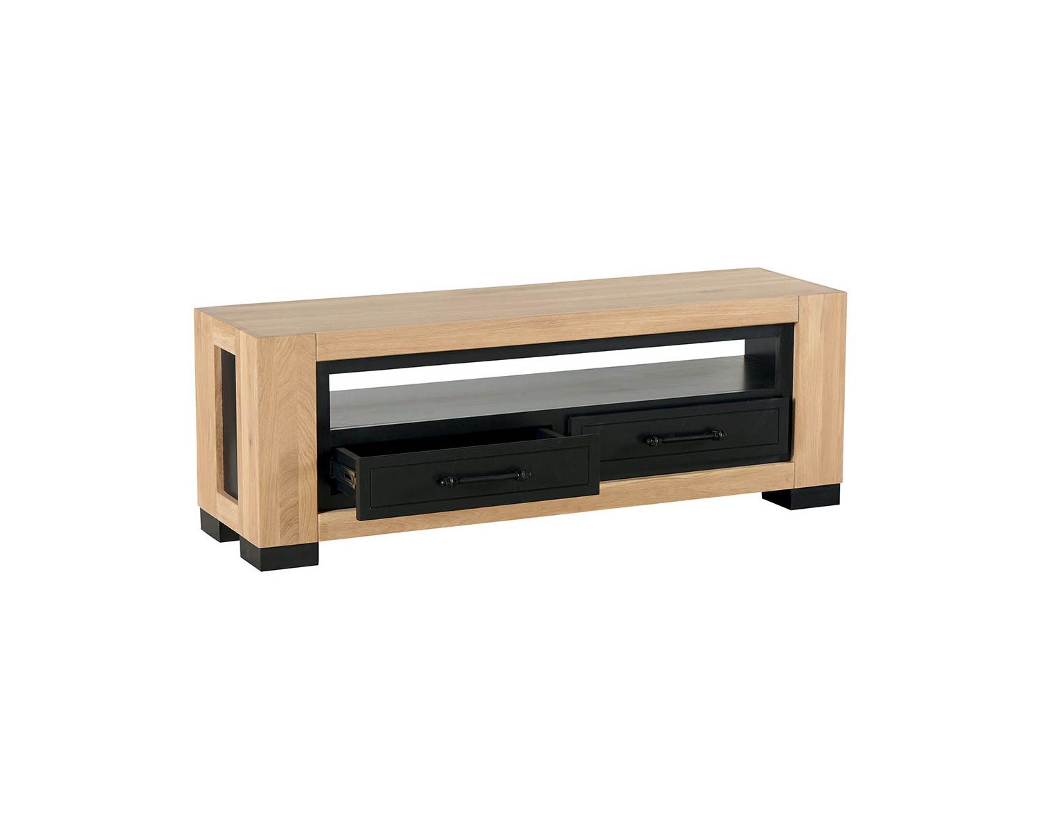 Meuble TV en chêne massif huilé et MDF laqué noir 140 cm "Cleveland"