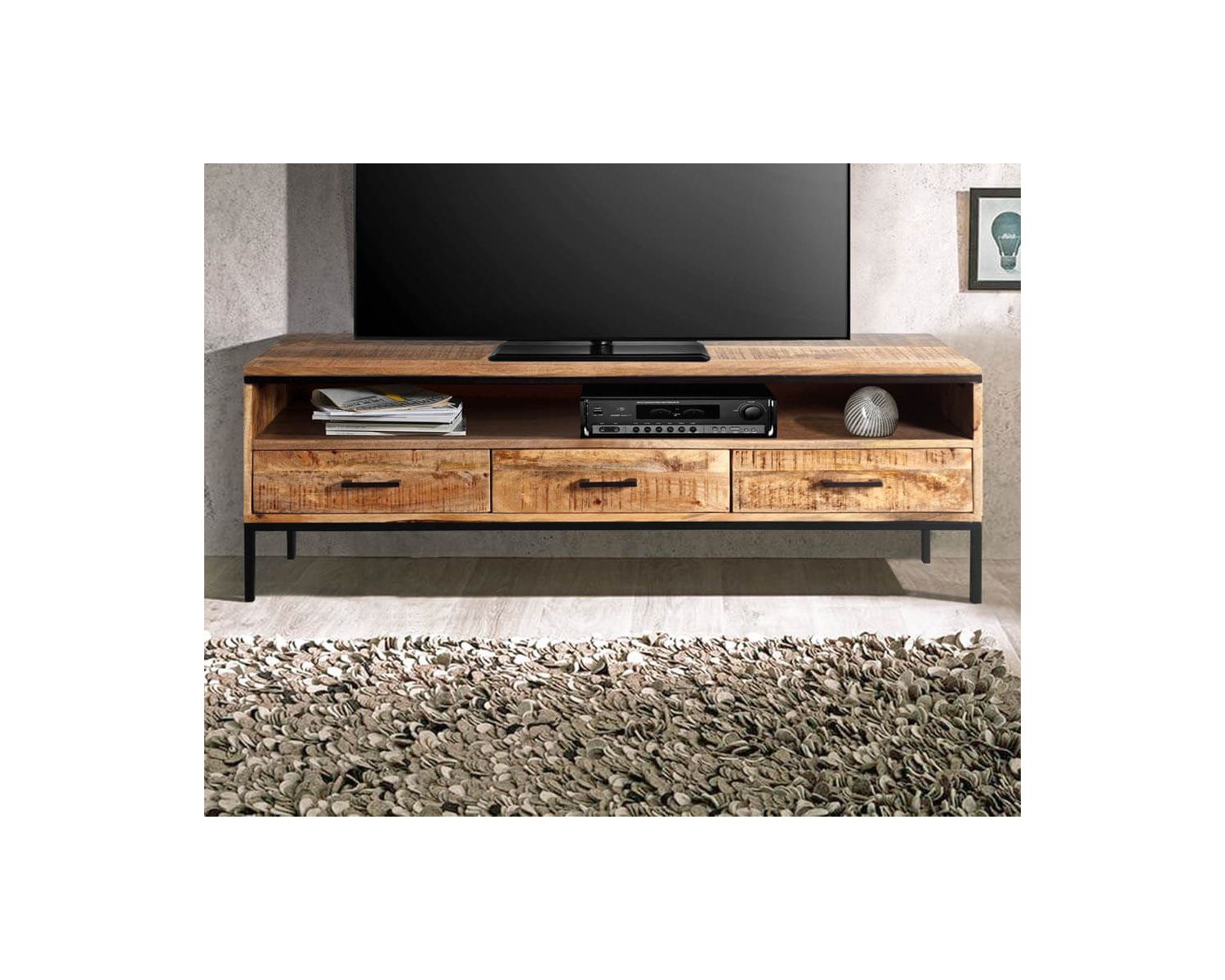 Meuble TV style épuré en bois de manguier massif et métal "Mango" 