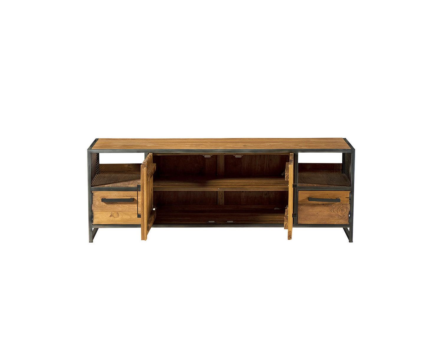 Meuble TV bas métal vieilli et teck recyclé style atelier "Athéna"