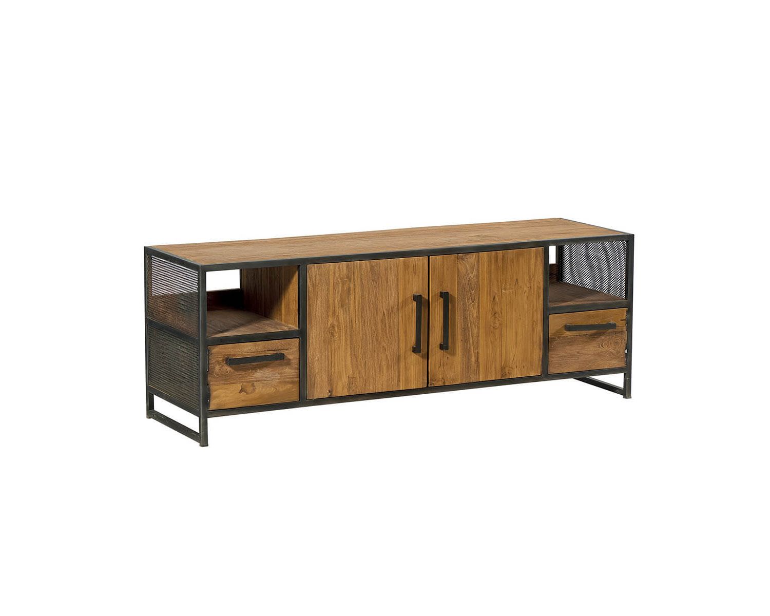 Meuble TV bas métal vieilli et teck recyclé style atelier "Athéna"