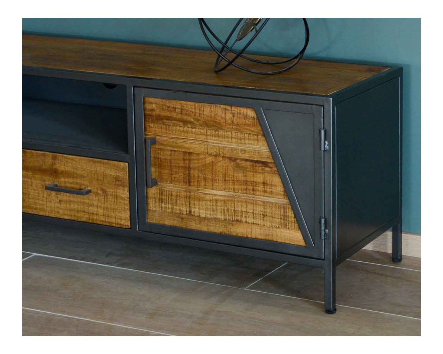 Meuble télé bois et métal gris style industriel "Vista" 150 cm