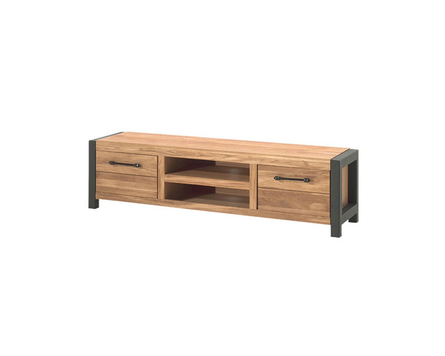 Meuble TV bas chêne massif huilé et métal noir "Catane" double niche