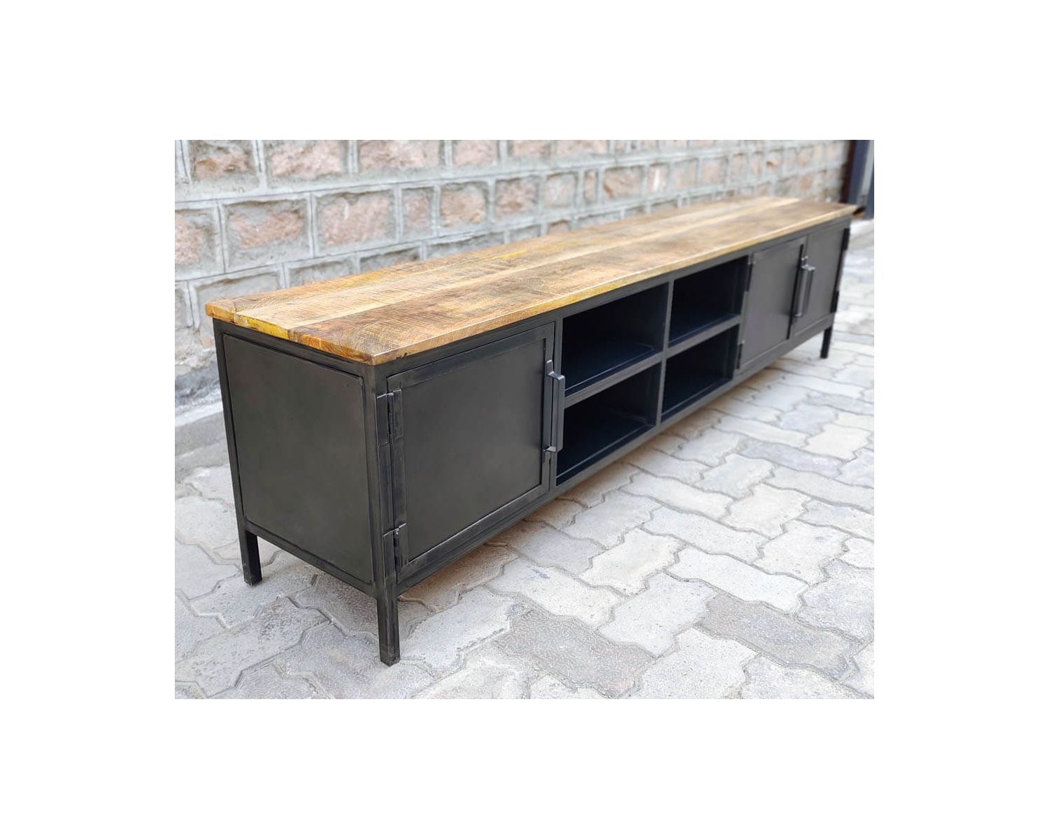 Meuble TV noir en métal et bois "Dowtoun" style atelier 220 cm