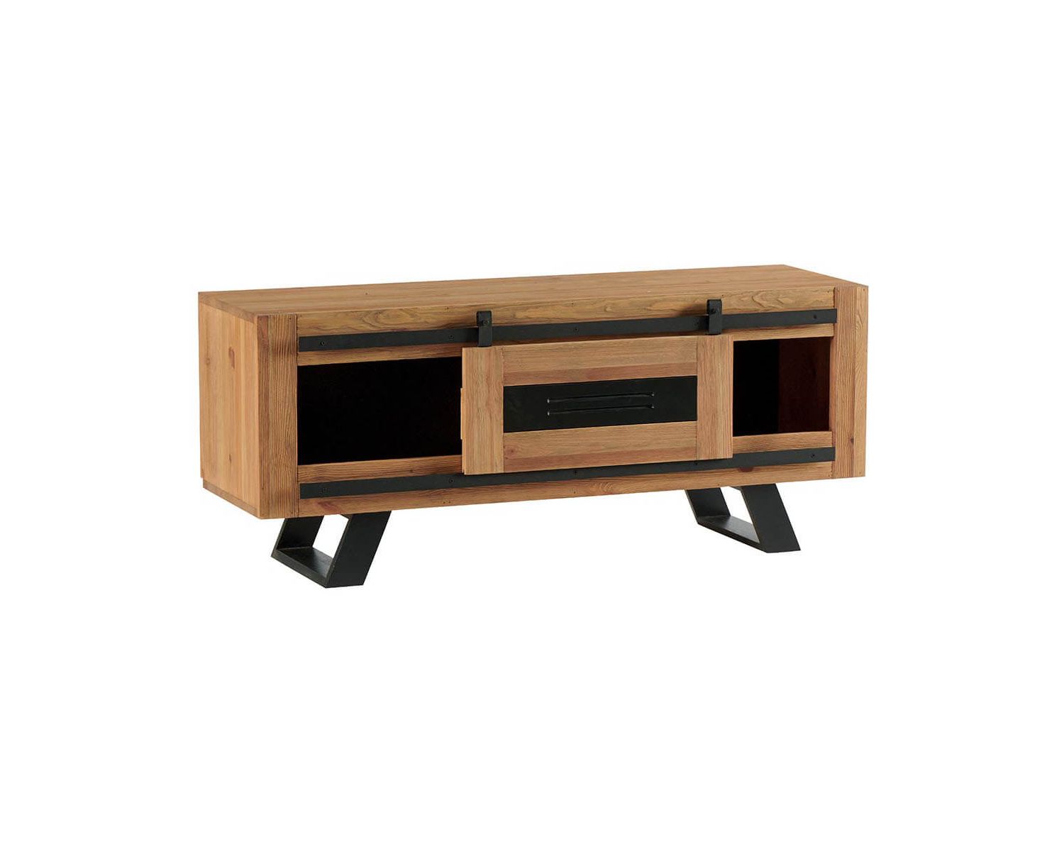Meuble télé industriel en bois massif brun et noir "Cardiff"