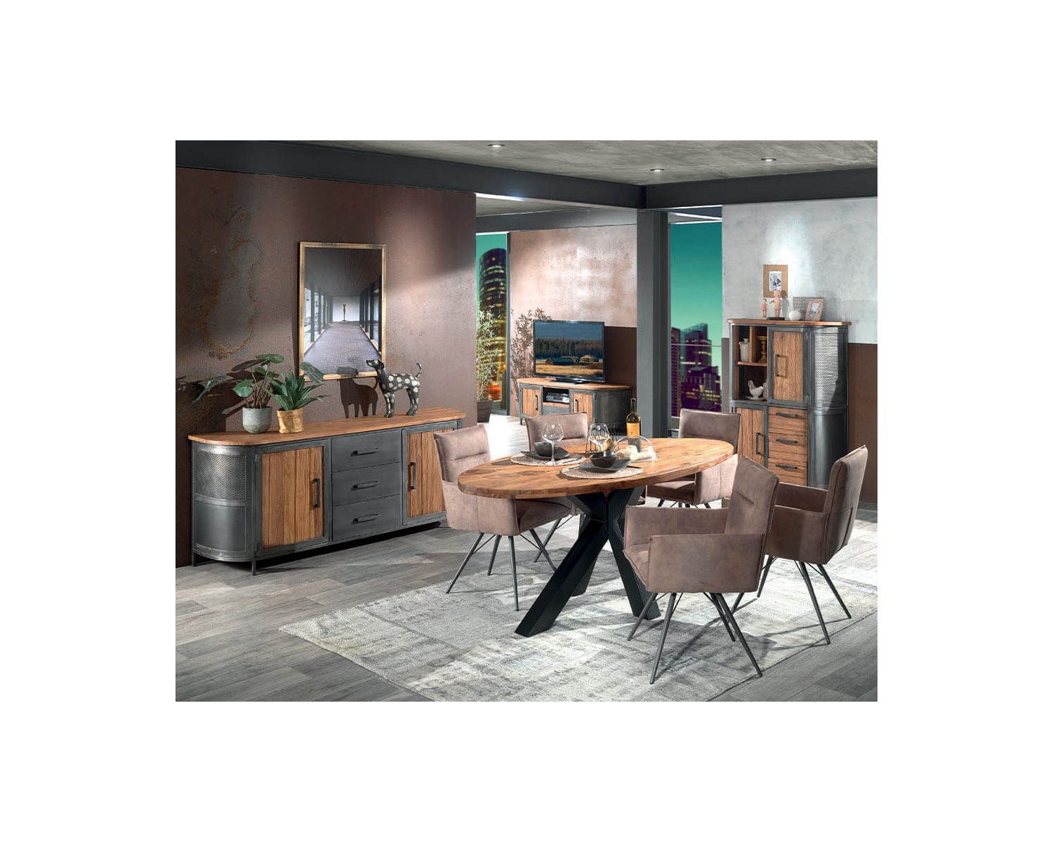 Buffet de salon industriel teck massif et métal "Hepley"