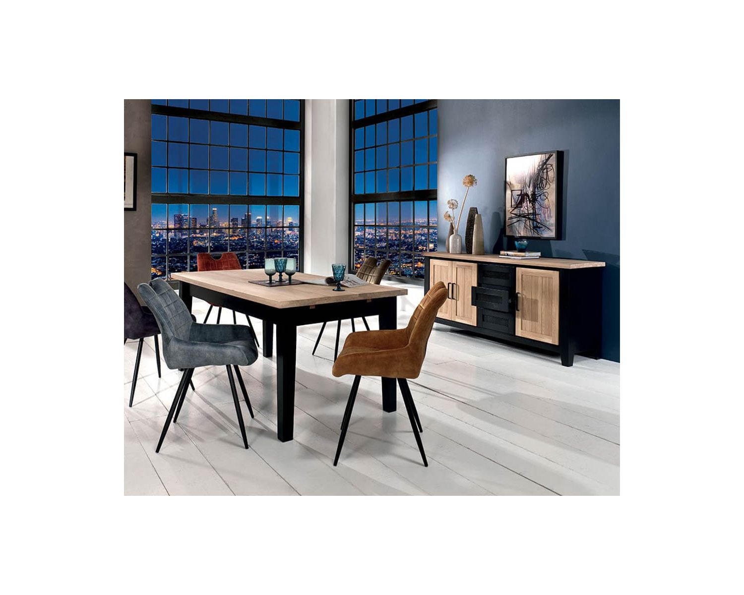 Grande enfilade bicolore style loft bois massif et métal « Ashland »