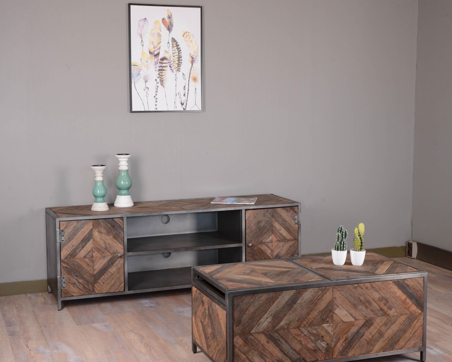 Table basse bar métal et bois industriel 100cm "Wood"