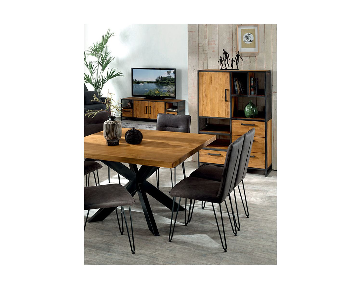 Buffet vertical en teck recyclé et fer vieilli "Athéna"