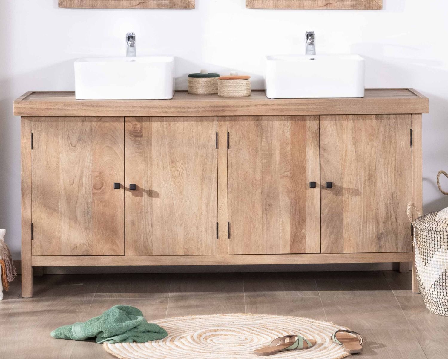 Meuble sous vasque double en manguier massif sablé 165cm "Maestro"