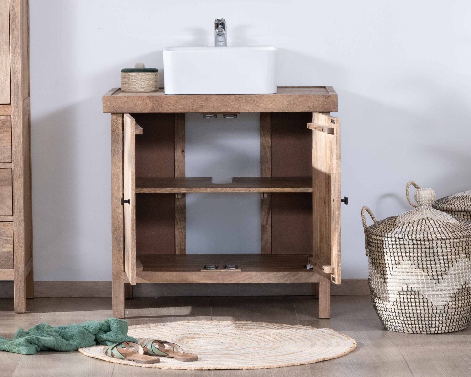 Meuble sous vasque simple en manguier massif 80cm 2 portes "Maestro"