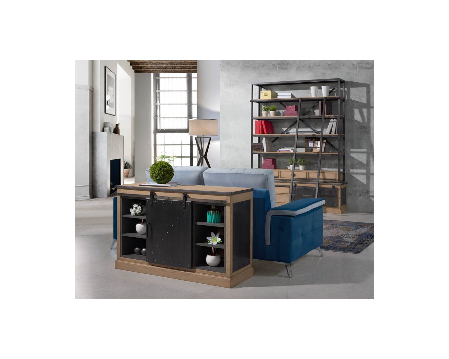 Meuble d’appui métal brossé et chêne style industriel "San Francisco"