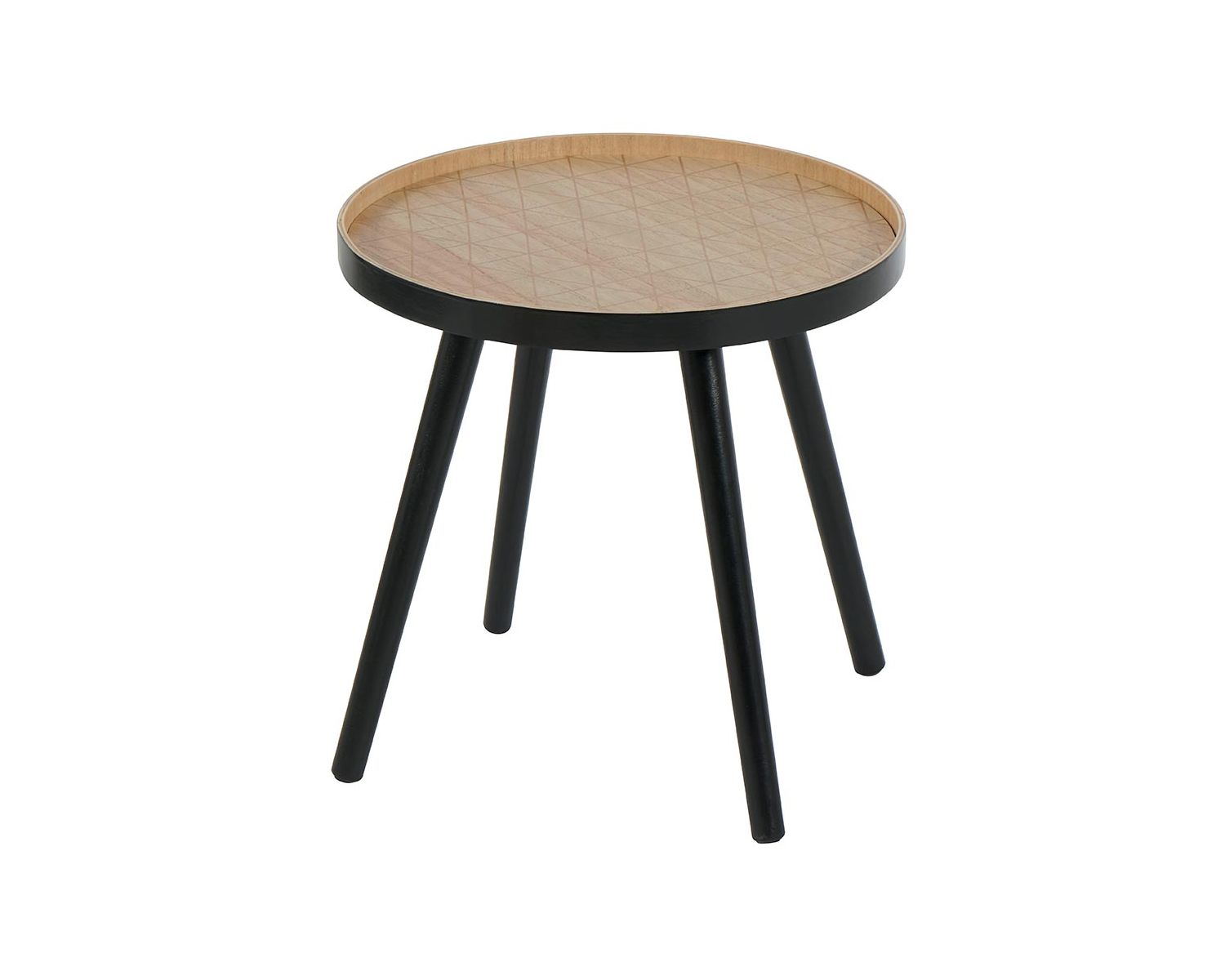 Table basse scandinave noire plateau gravé "Mona Casita" diam. 41cm