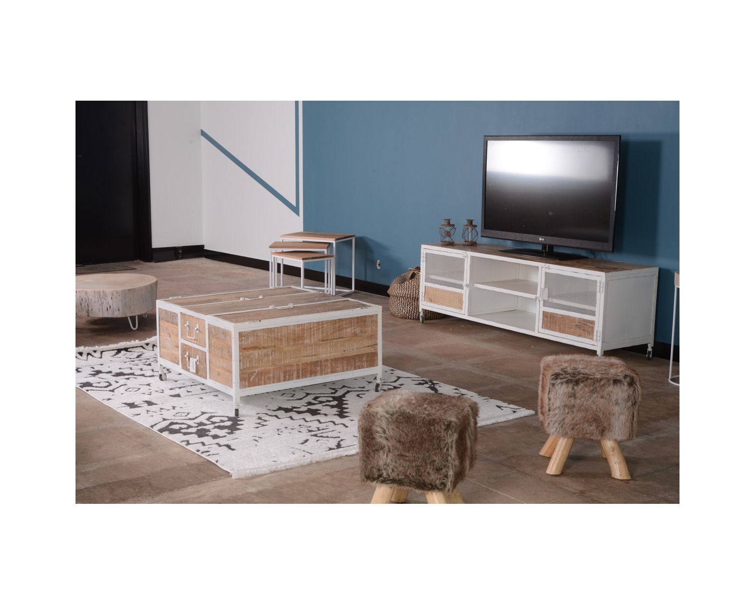 Meuble TV 160 cm métal et bois blanc "Atelier Blanc"