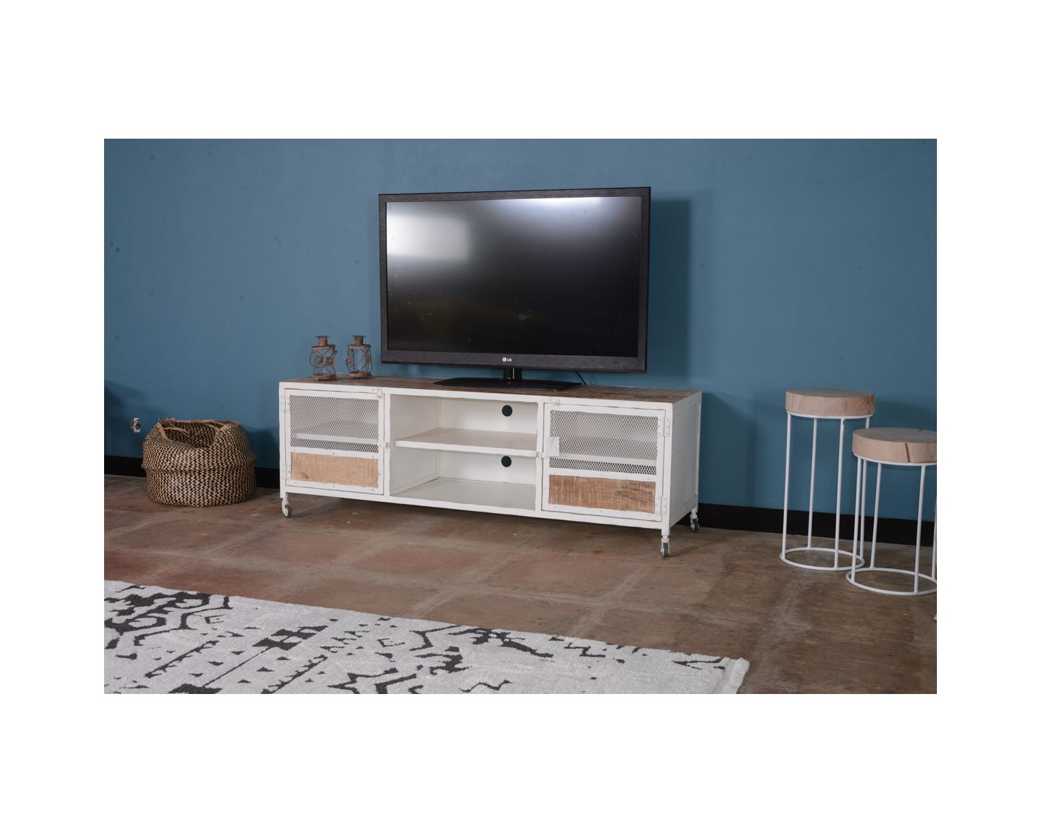 Meuble TV 160 cm métal et bois blanc "Atelier Blanc"