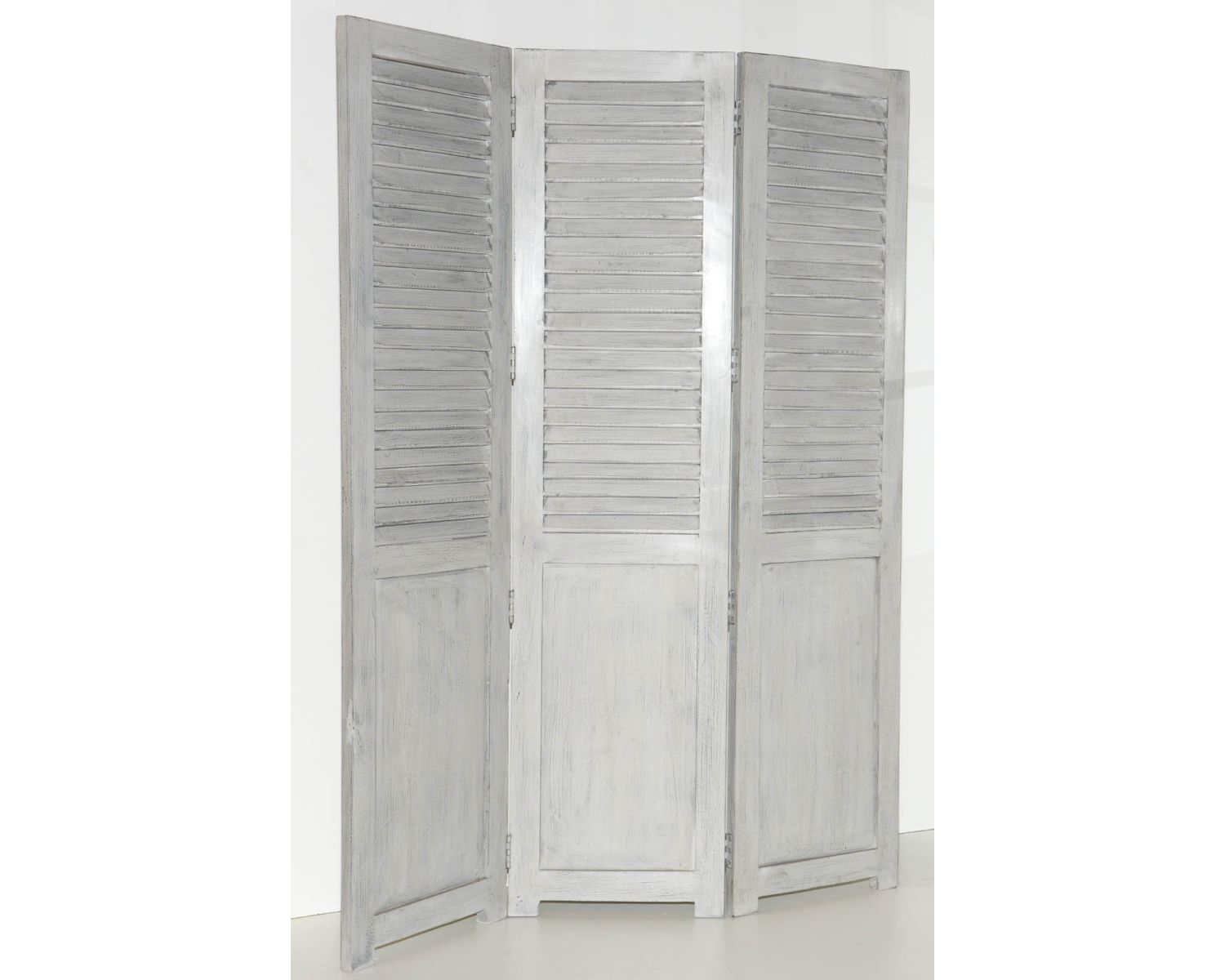 Paravent 3 panneaux patinés gris clair