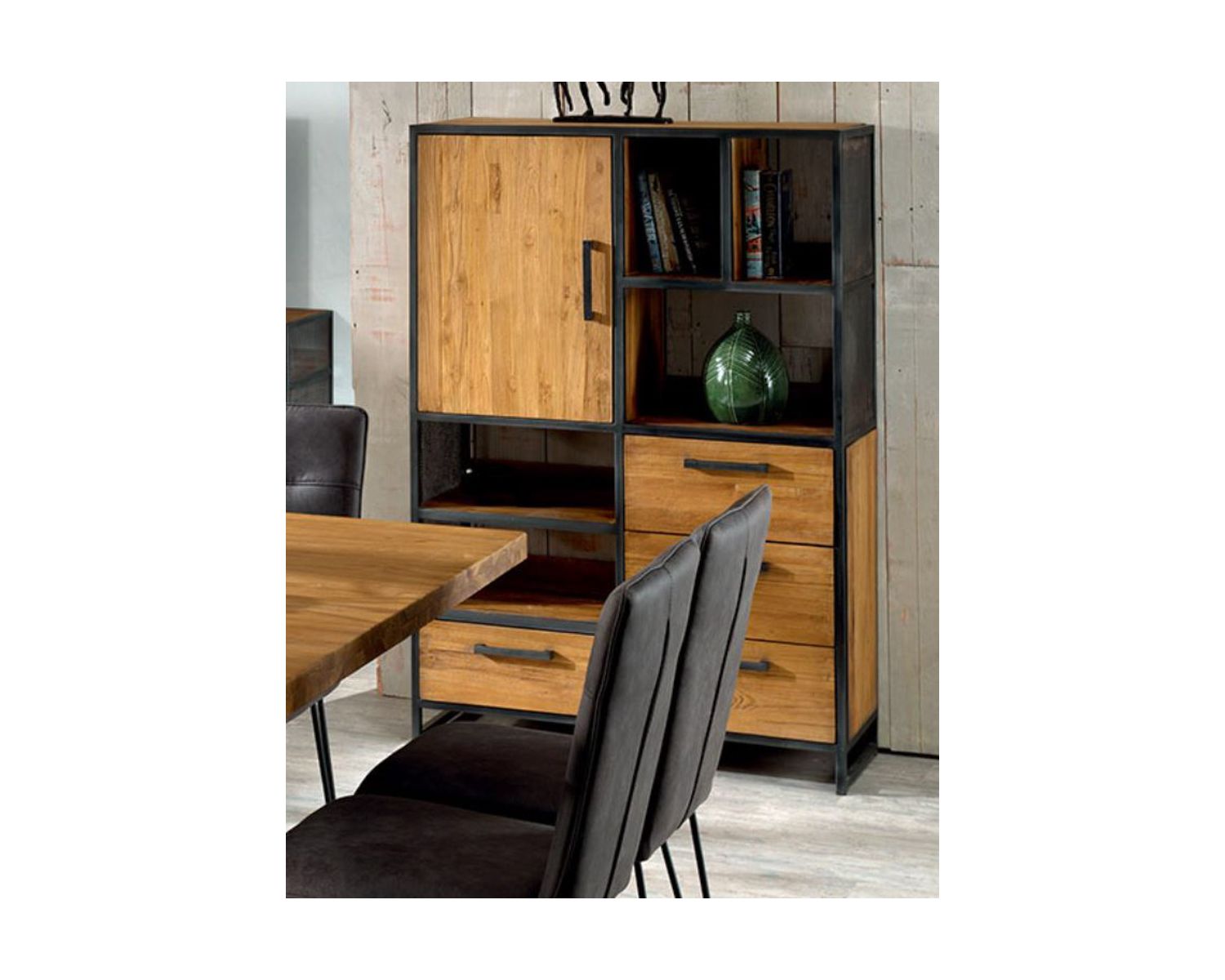 Buffet vertical en teck recyclé et fer vieilli "Athéna"