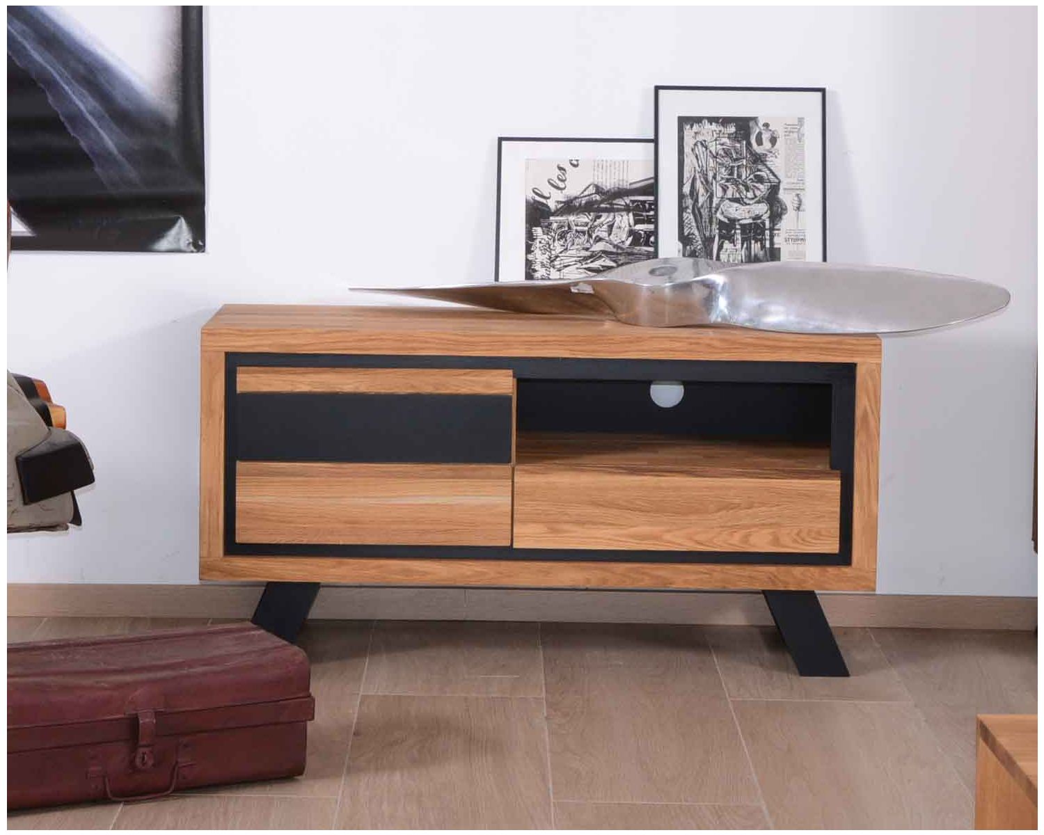 Meuble TV "Toly"  chêne massif 1 porte 1 tiroir 1 niche