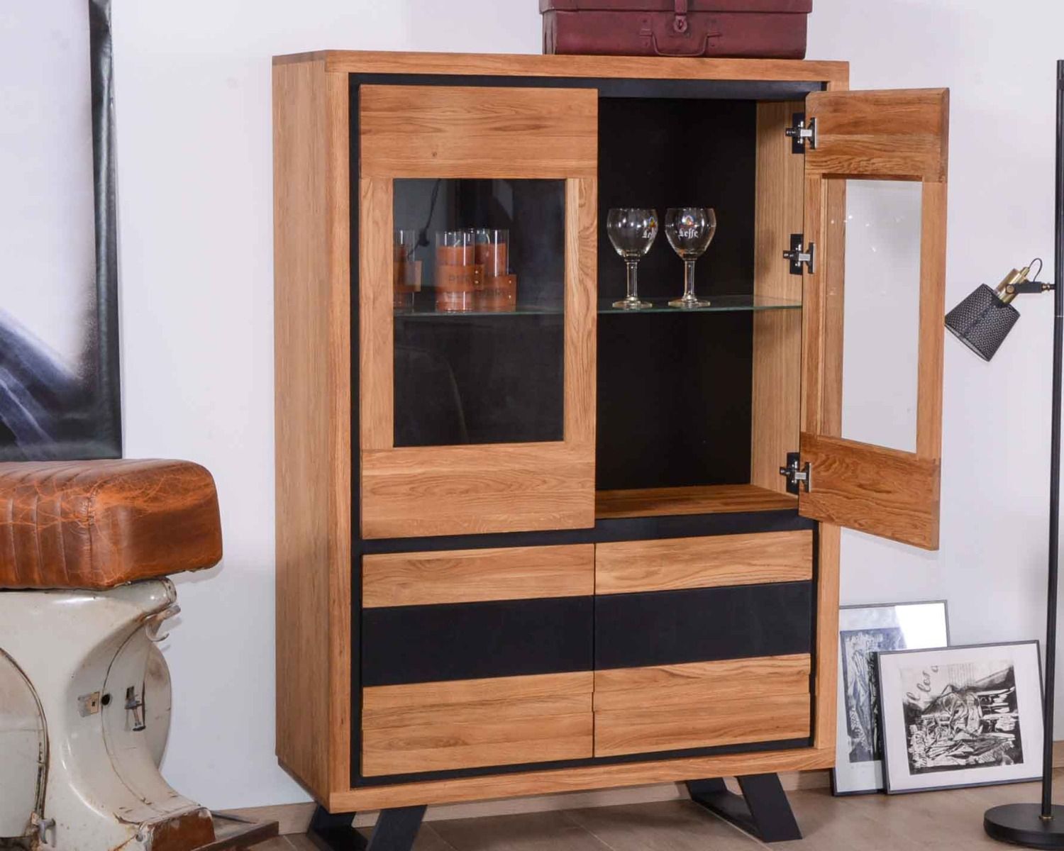 Vitrine noire et bois en chêne massif "Toly" 4 portes haut.152cm