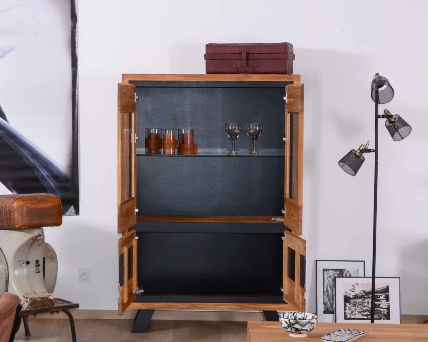 Vitrine noire et bois en chêne massif "Toly" 4 portes haut.152cm