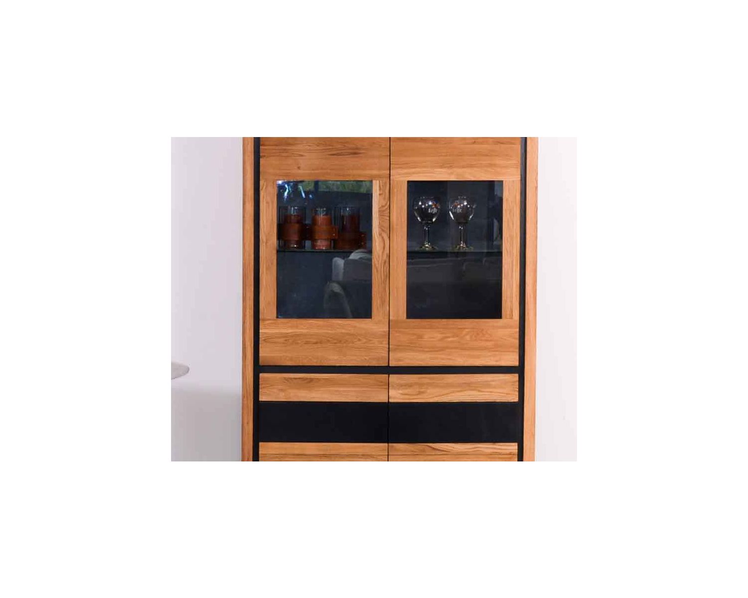 Vitrine noire et bois en chêne massif "Toly" 4 portes haut.152cm