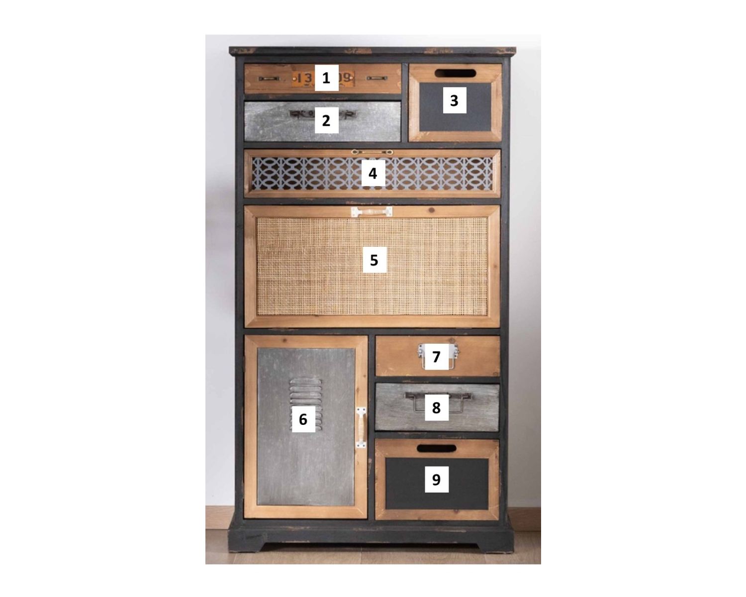 Buffet déco à tiroirs en sapin massif et façades fantaisies "Mélimélo Indus"