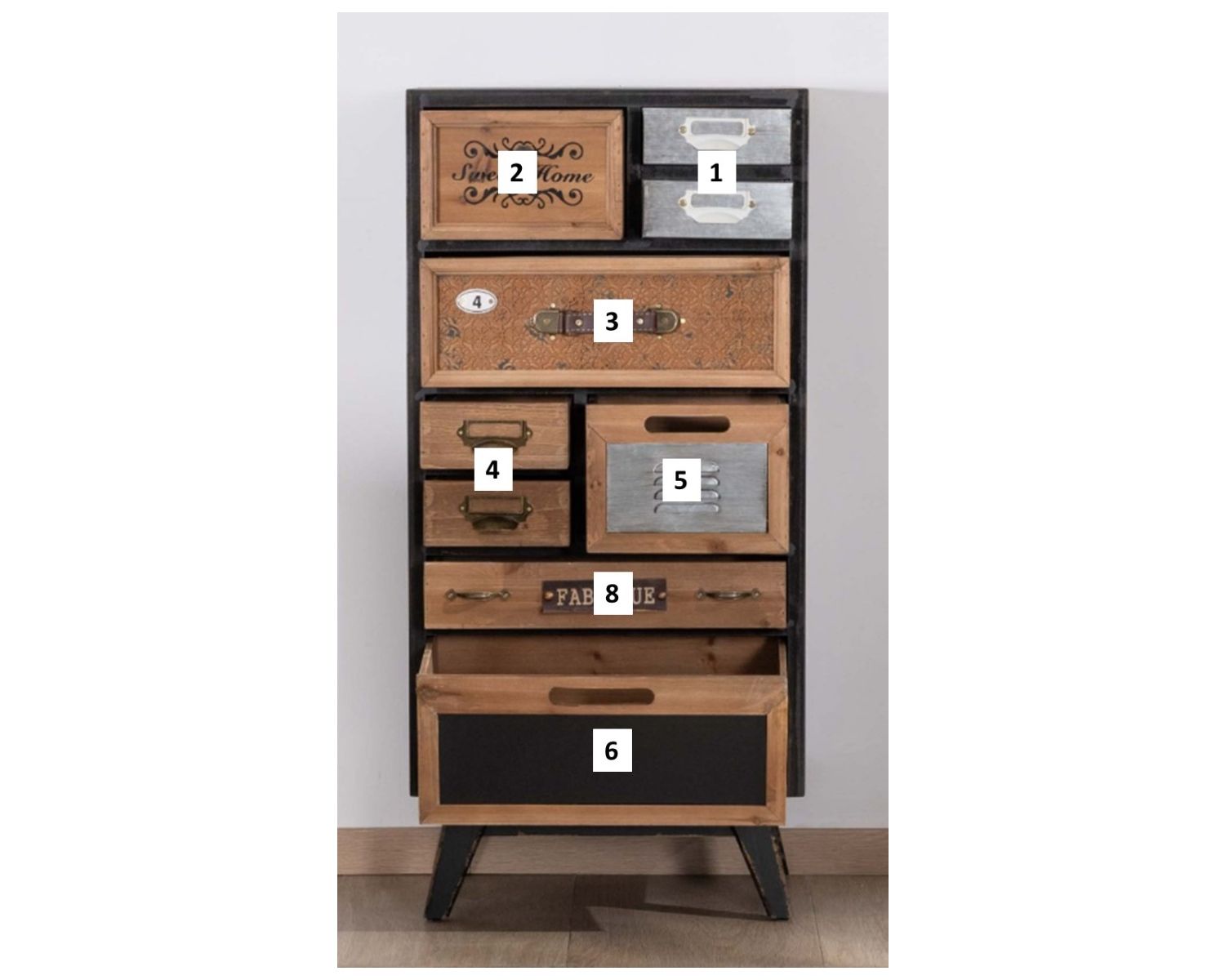 Commode verticale en sapin noir et façades décos "Mélimélo Indus"