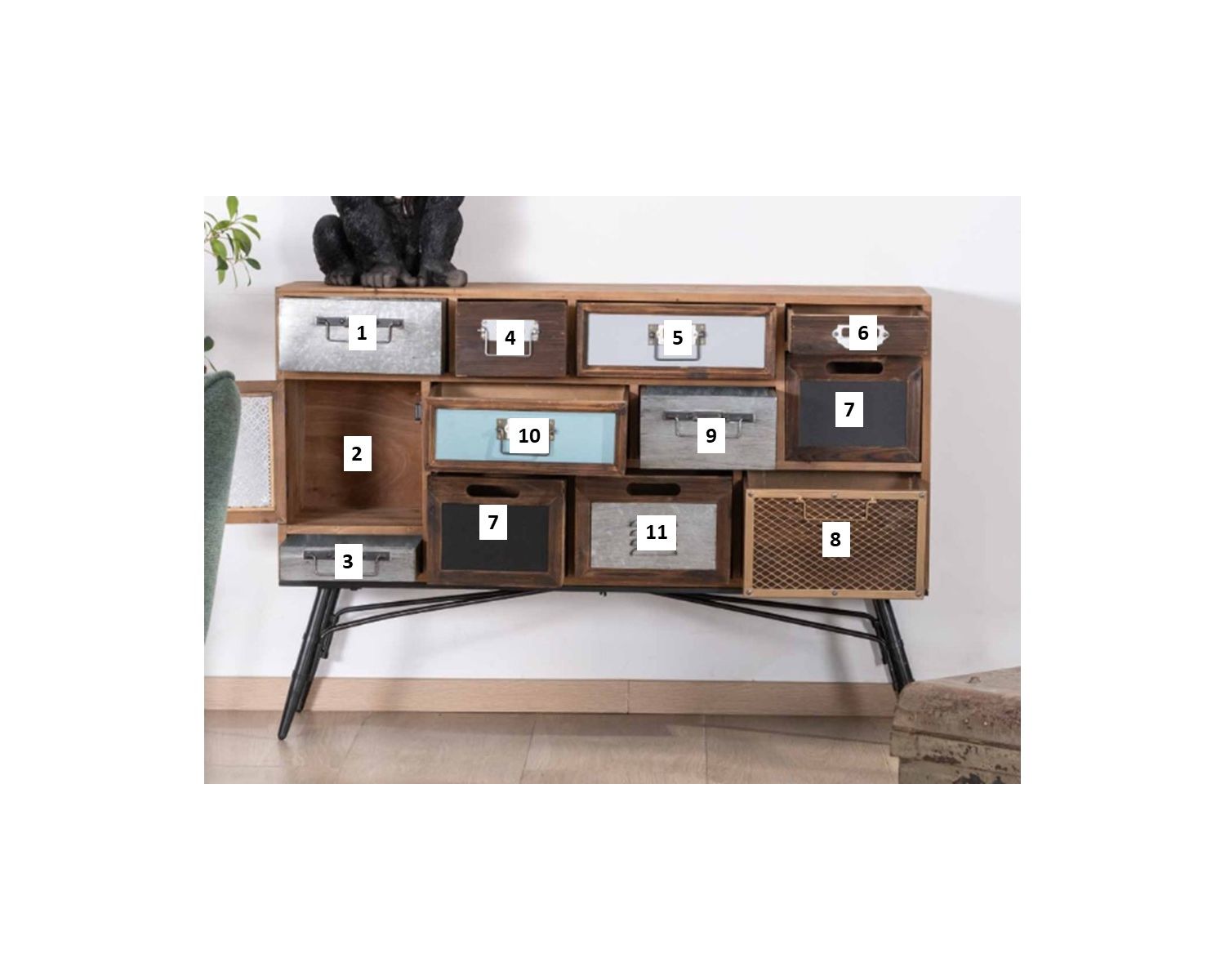 Petite commode déco 11 tiroirs avec façades multi-matériaux "Mélimélo Indus"