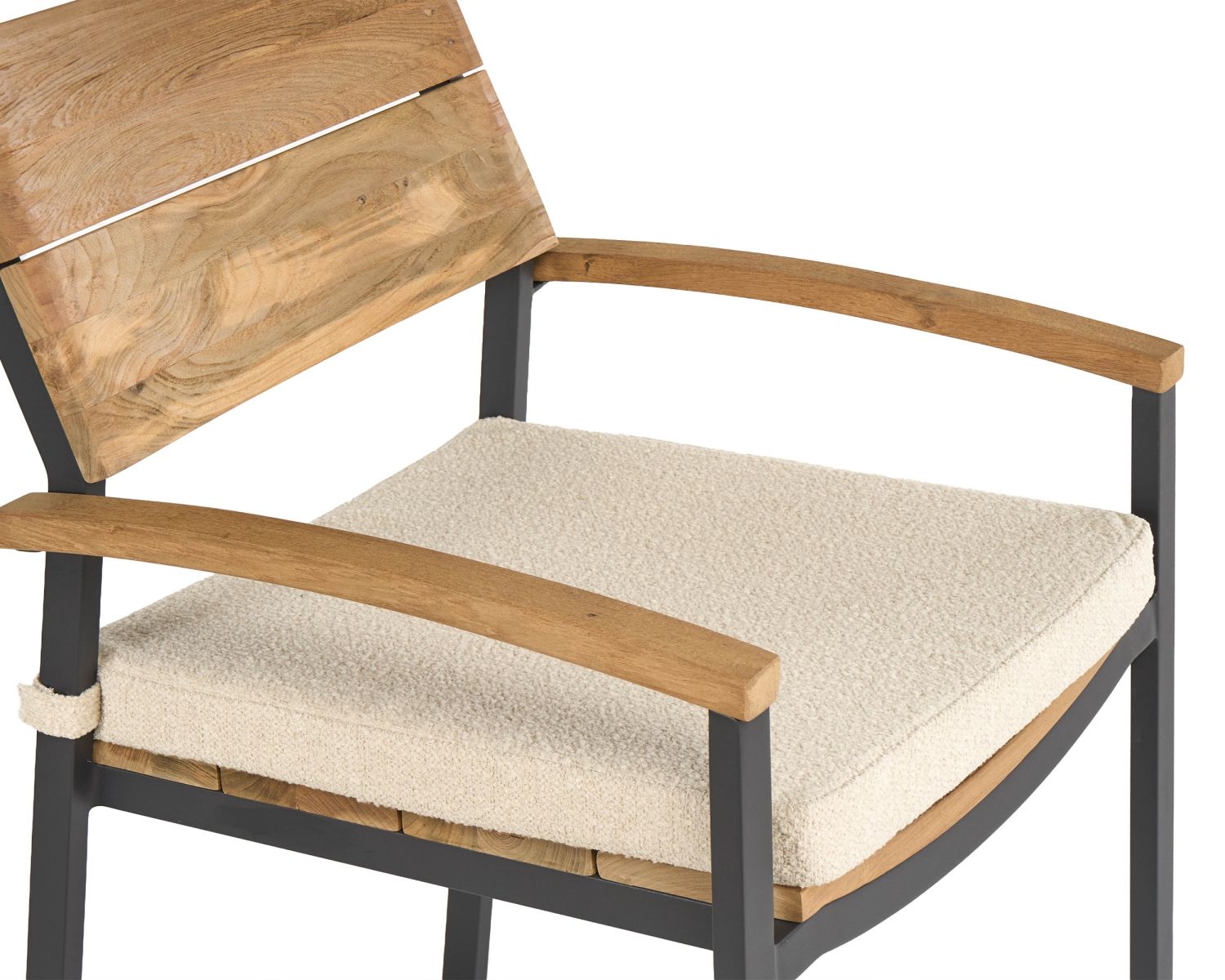Chaise de jardin haut de gamme en teck et aluminium "Chair'ming" coussin en tissu bouclette écru