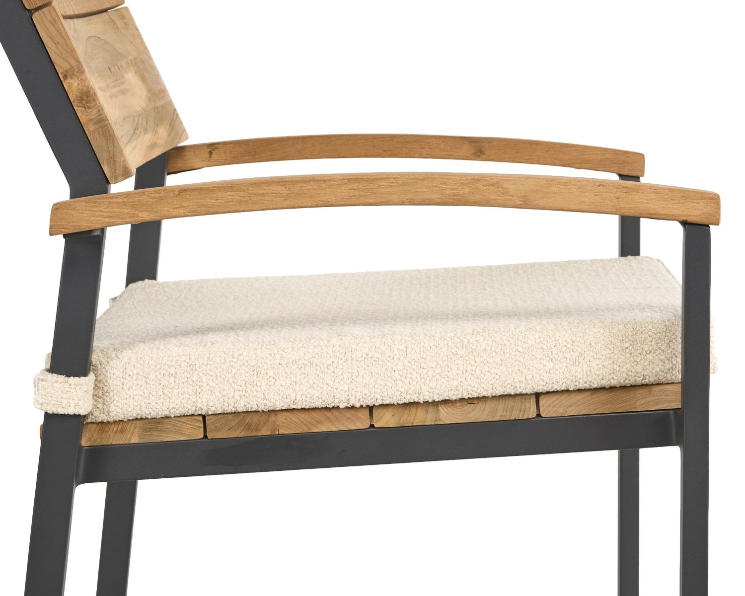 Chaise de jardin haut de gamme en teck et aluminium "Chair'ming" coussin en tissu bouclette écru