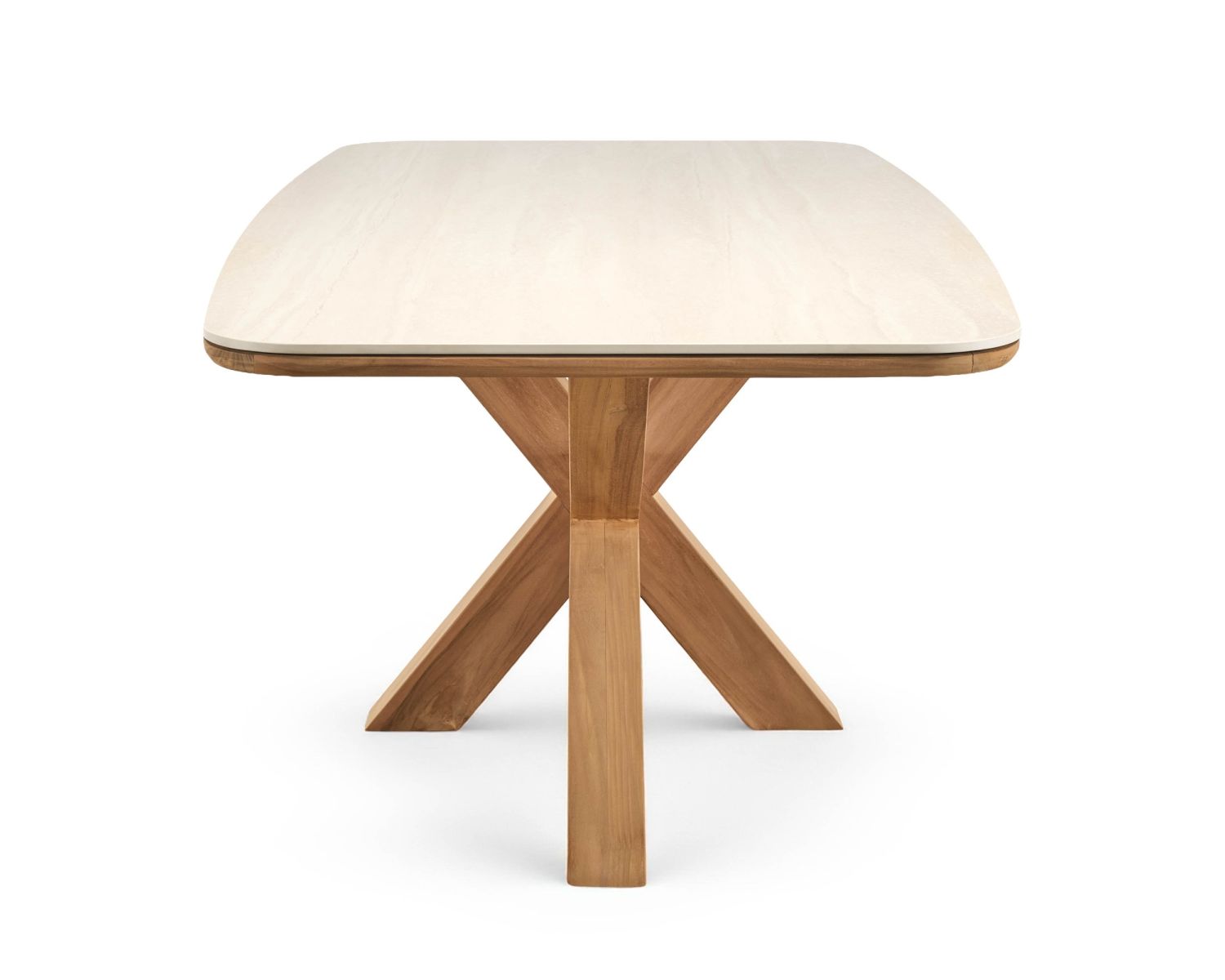 Table de jardin 240 cm en teck massif plateau céramique effet travertin "Avenor" piètement étoile