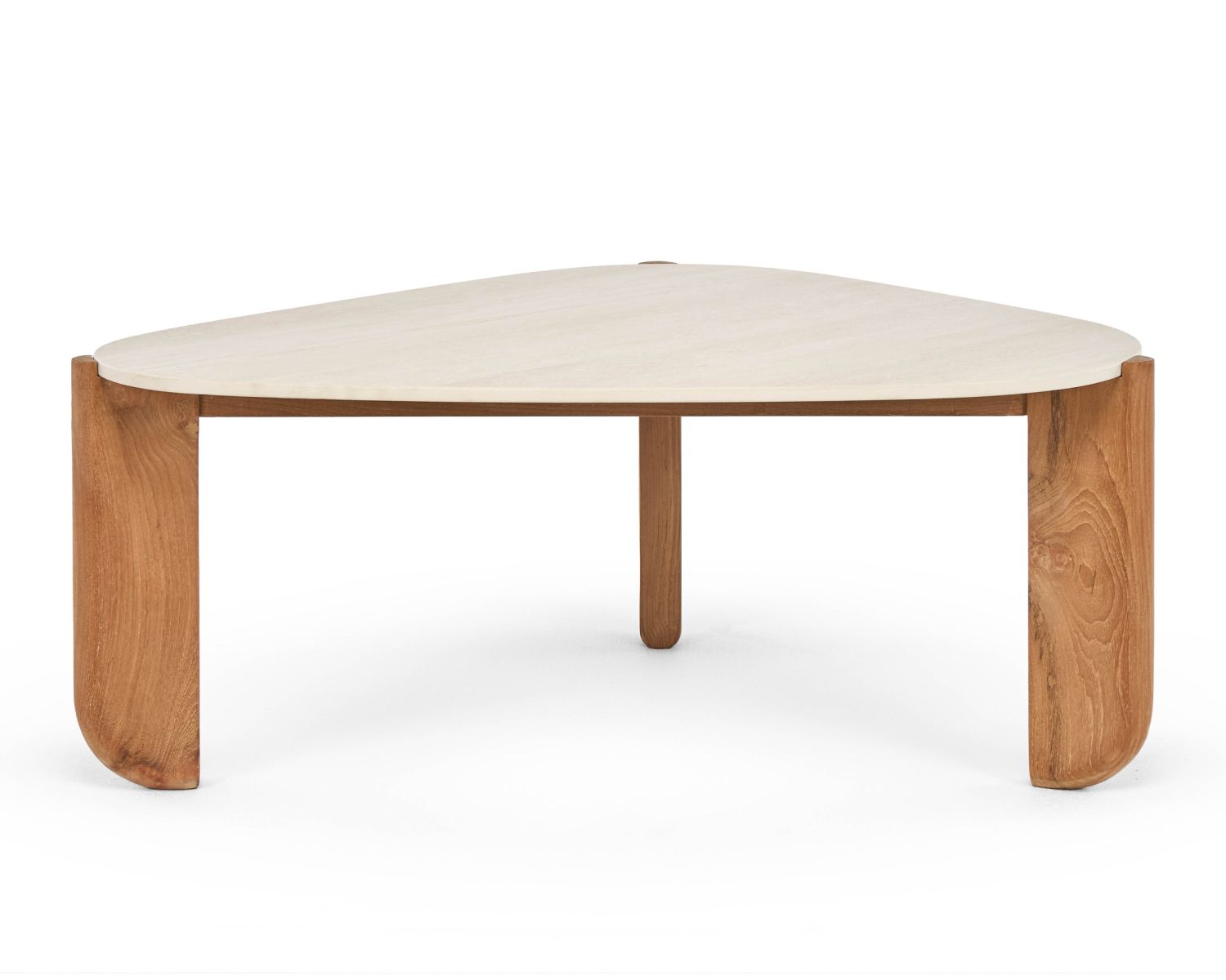 Grande table basse design organique intérieur / extérieur en teck massif et plateau céramique effet travertin "Osten"