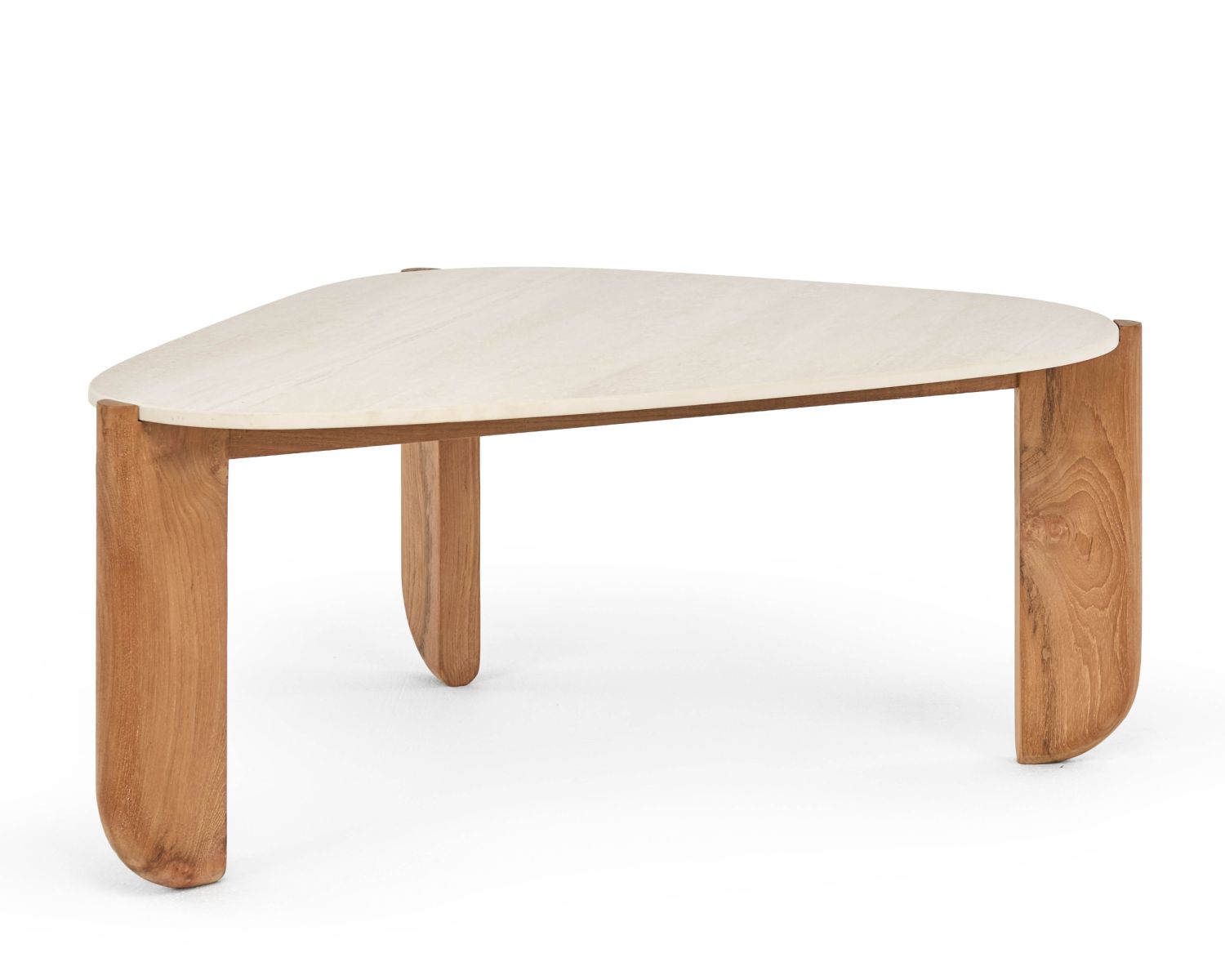 Grande table basse design organique intérieur / extérieur en teck massif et plateau céramique effet travertin "Osten"