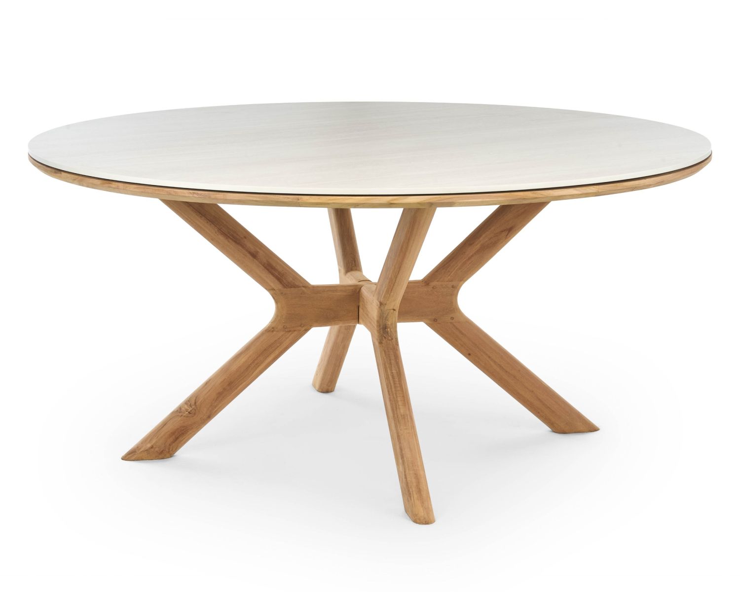 Table ronde intérieur ou extérieur 130 cm "Elsen" en teck massif plateau céramique effet travertin