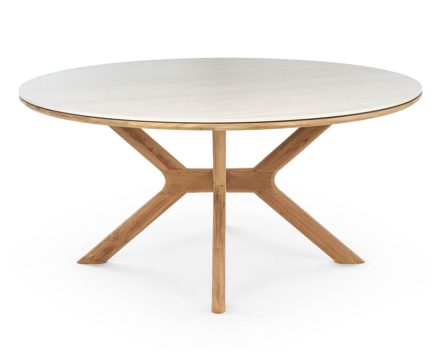 Table ronde intérieur ou extérieur 130 cm "Elsen" en teck massif plateau céramique effet travertin