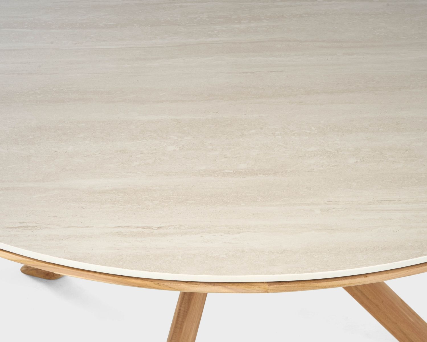 Table ronde intérieur ou extérieur 130 cm "Elsen" en teck massif plateau céramique effet travertin