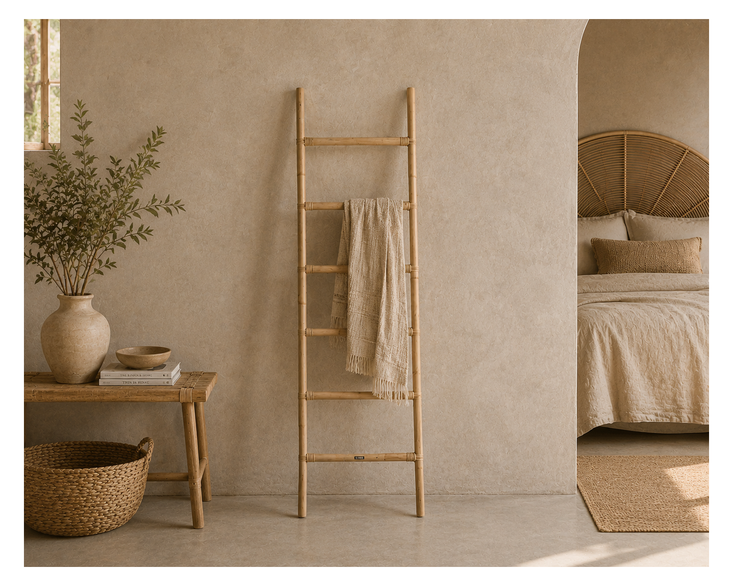 Échelle porte-serviettes en rotin naturel "Solira" 150 cm style épuré