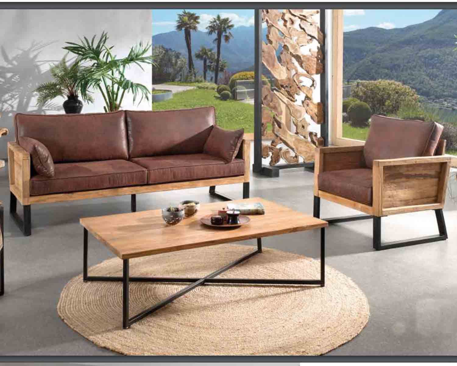 Fauteuil club en tissu imitation cuir anthracite & teck "Roster"