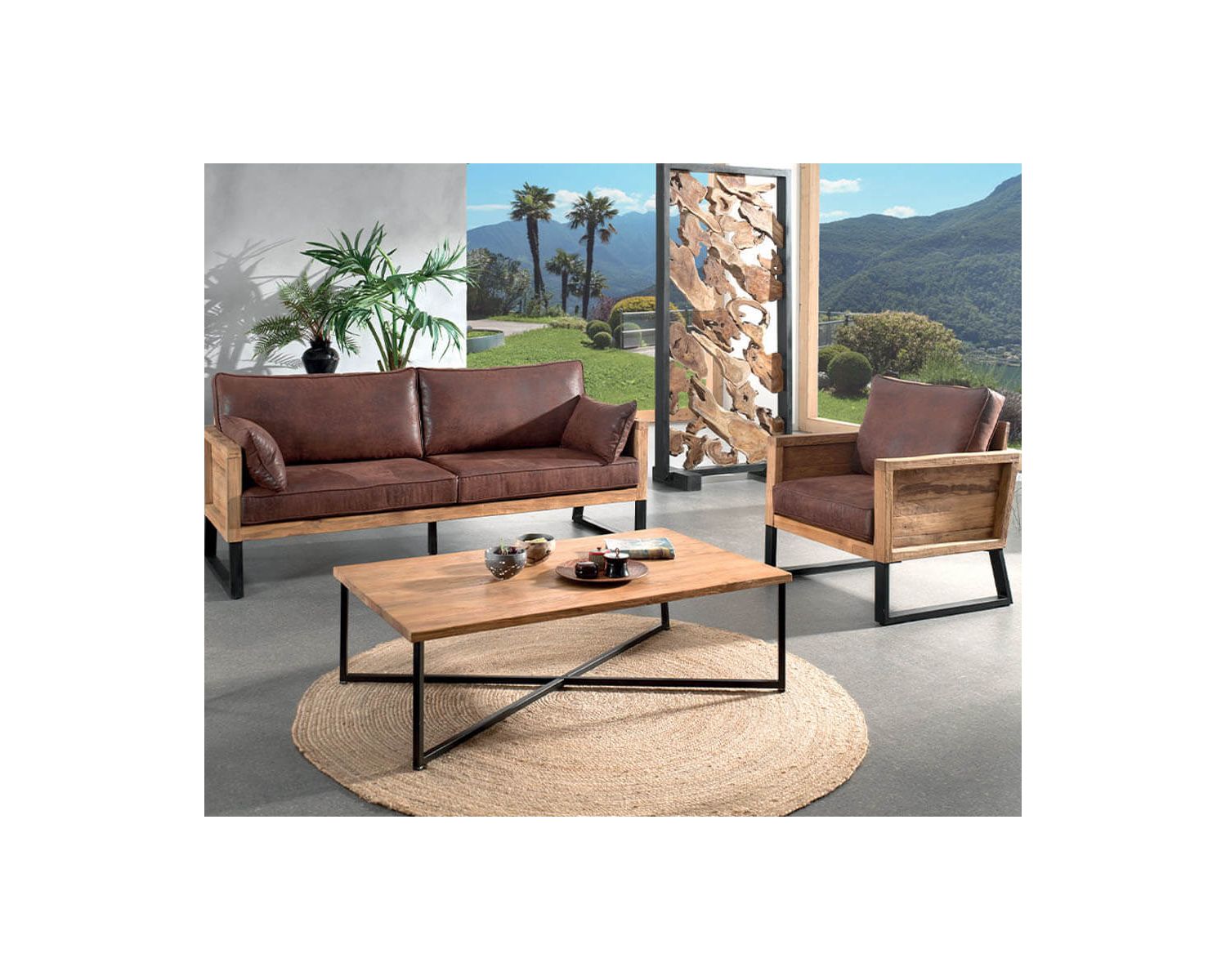 Canapé bois de teck et tissu imitation cuir gris 2 personnes "Roster"