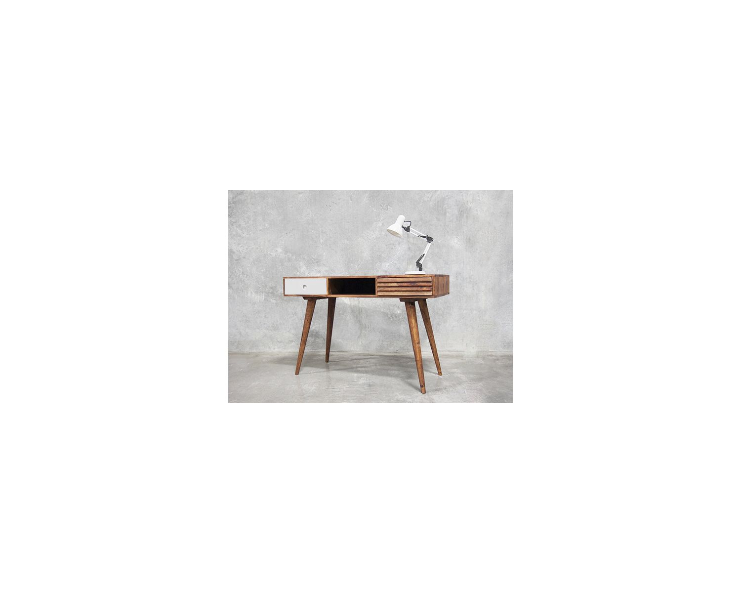 Bureau scandinave en palissandre "Vintage grey" tiroir blanc
